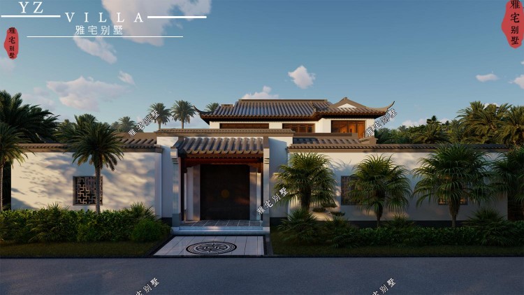 浙江兩層中式合院帶車庫露天SPA連廊入戶院內景色環(huán)繞