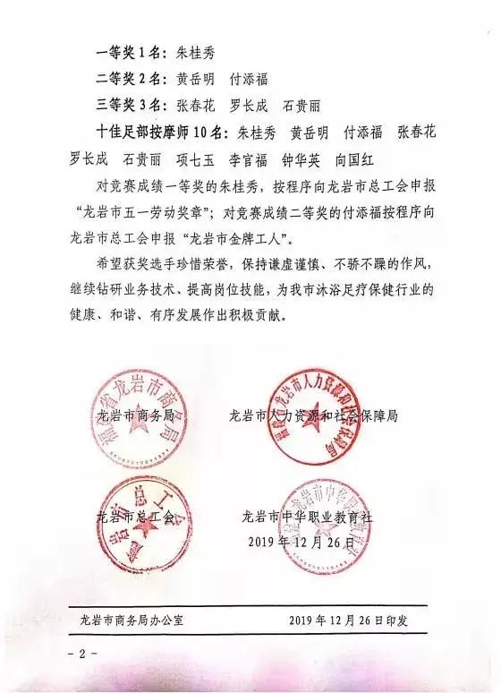 2019年龍巖市足部按摩師職業技能競賽成績公布啦