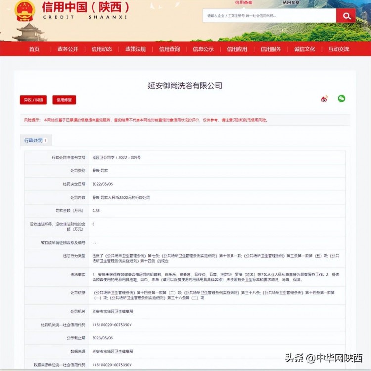 提供給顧客的用品未按衛生要求清洗消毒延安御尚洗浴被罰款2800元