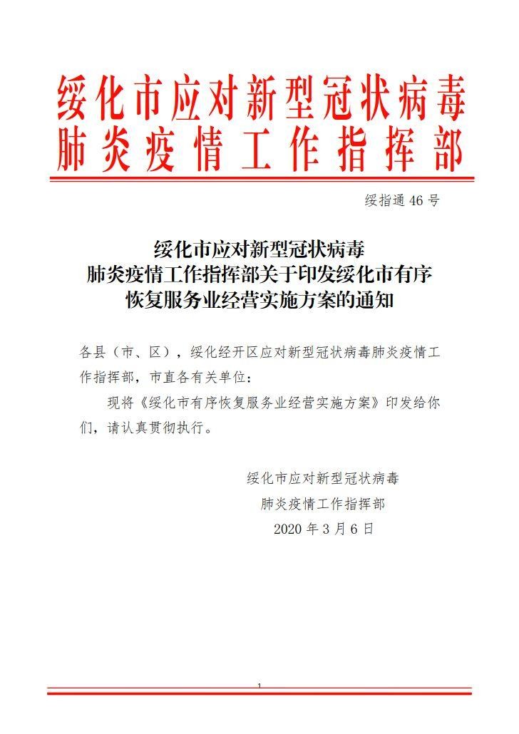 綏指通46號｜關于印發綏化市有序恢復服務業經營實施方案的通知